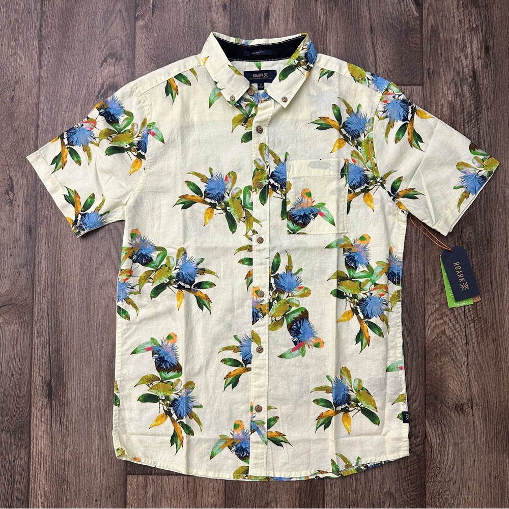 Roark Organic Cotton Linen Blend Button Down Shirt Men’s Size S Ivory Floral